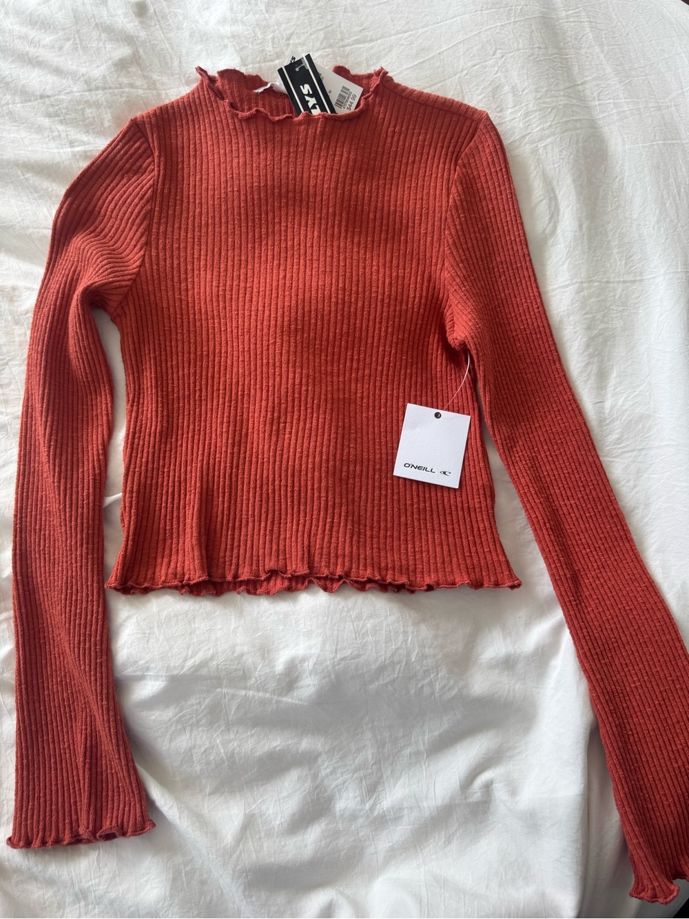 O'Neill Ribbed Lettuce-Edge Long Sleeve Top - Rust Orange
